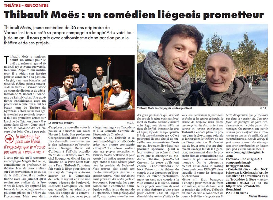 Article de presse sur Thibault Moës, comédien liégeois et fondateur de la Compagnie Imagin’Art.